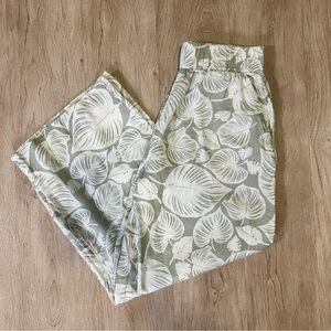TAHARI 100% Linen Tropical Green White Leaf Print Wide Leg Cropped Pants